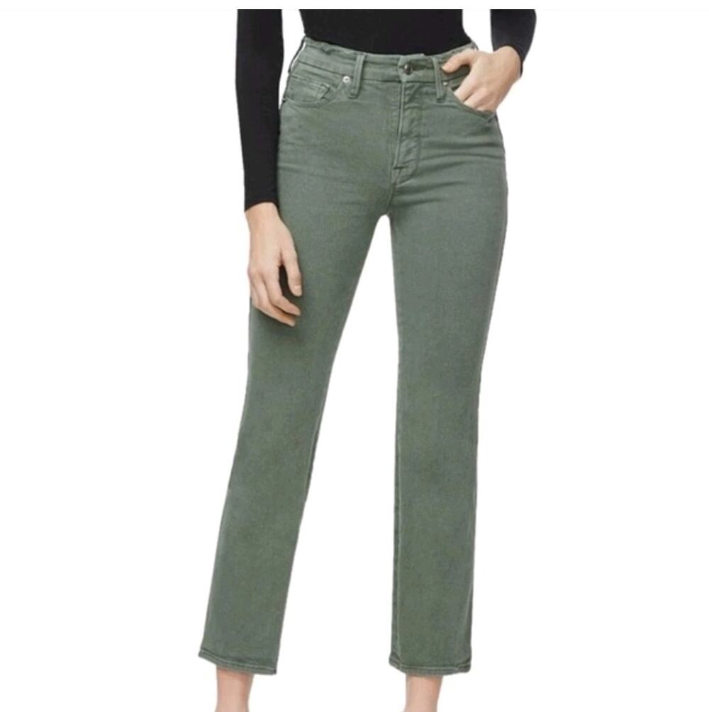 GOOD AMERICAN High Rise Straight Leg Jeans Olive Green Sz 14 / 32 Minimalist